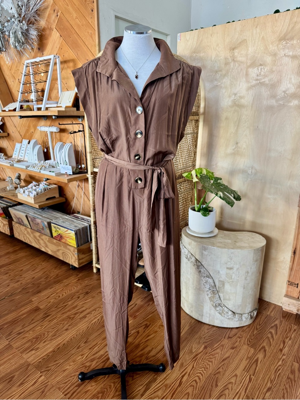 Sleeveless Brown Belted Jumpsuit